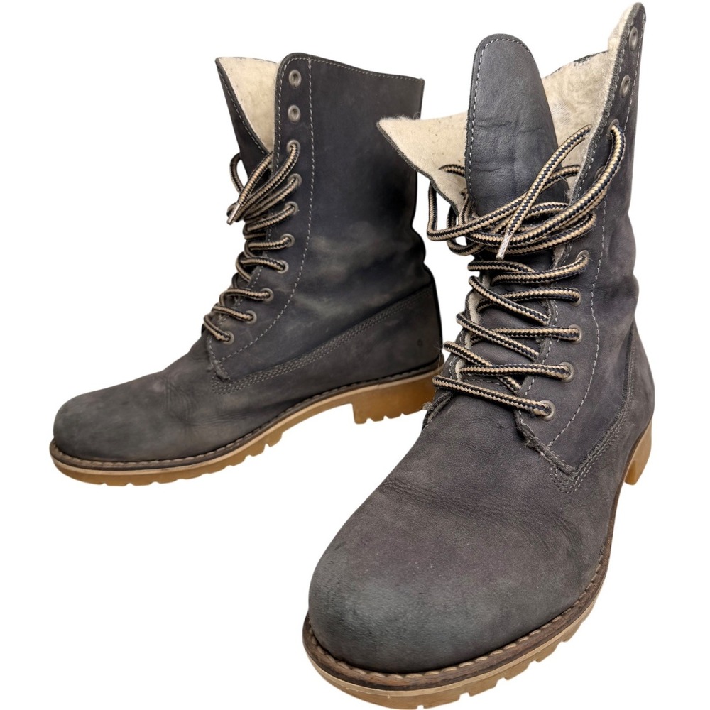 Women's EU‎ 41 Navy Blue Nubuck Leather Lace Up Boots Lug Sole Lined Winter Cozy